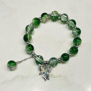 Cracked Crystal Beaded Bracelet with Butterfly Charm Dark Green Elegant Fashion